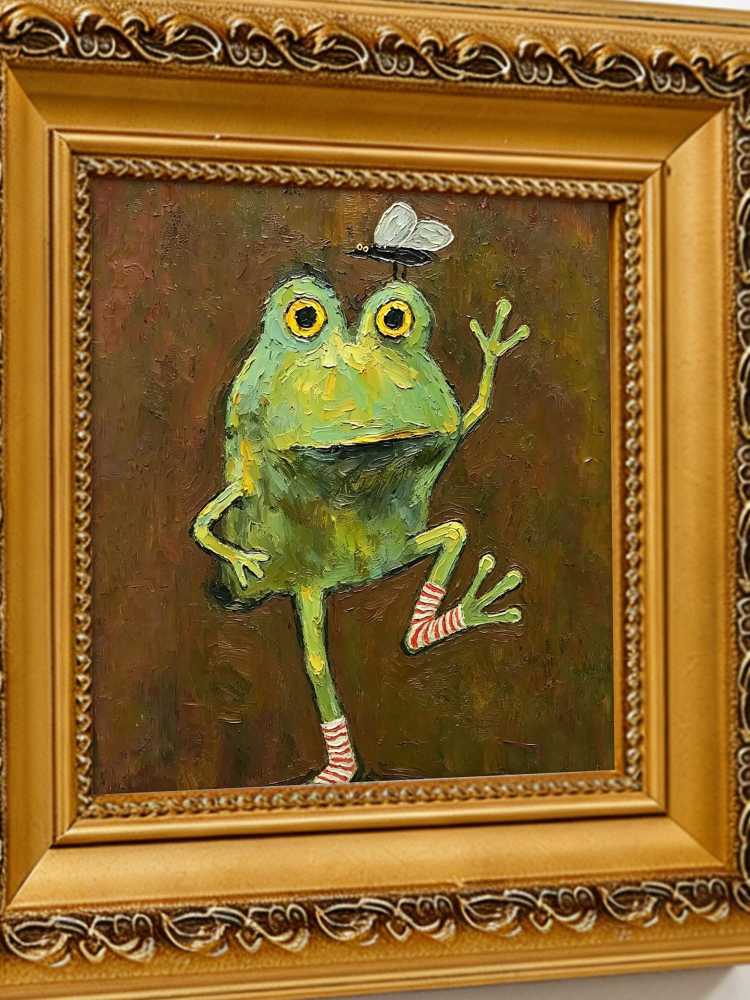 Impasto Frog Painting Framed Whimsical Frog with Striped Socks Retro Solid Wood Gold Frame Mini Desk Wall Decor Gift
