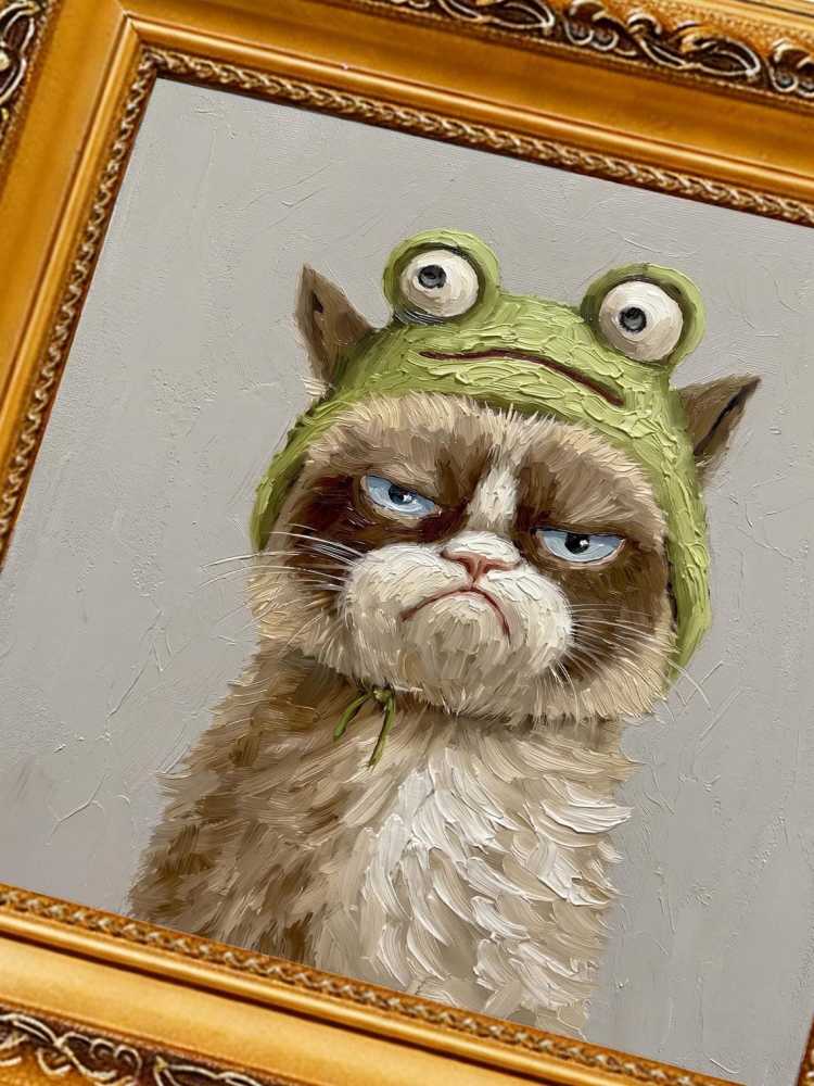 Oil Painting Cat Portrait Framed Grumpy Frog Hat Cat Retro Solid Wood Frame Mini Desk Wall Decor Animal Lover Gift