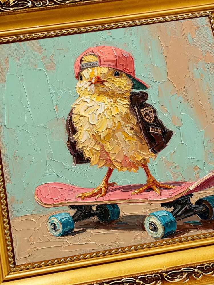 Oil Painting Chick Portrait Framed Skateboard Chick Retro Solid Wood Frame Mini Desk Wall Decor Animal Lover Gift