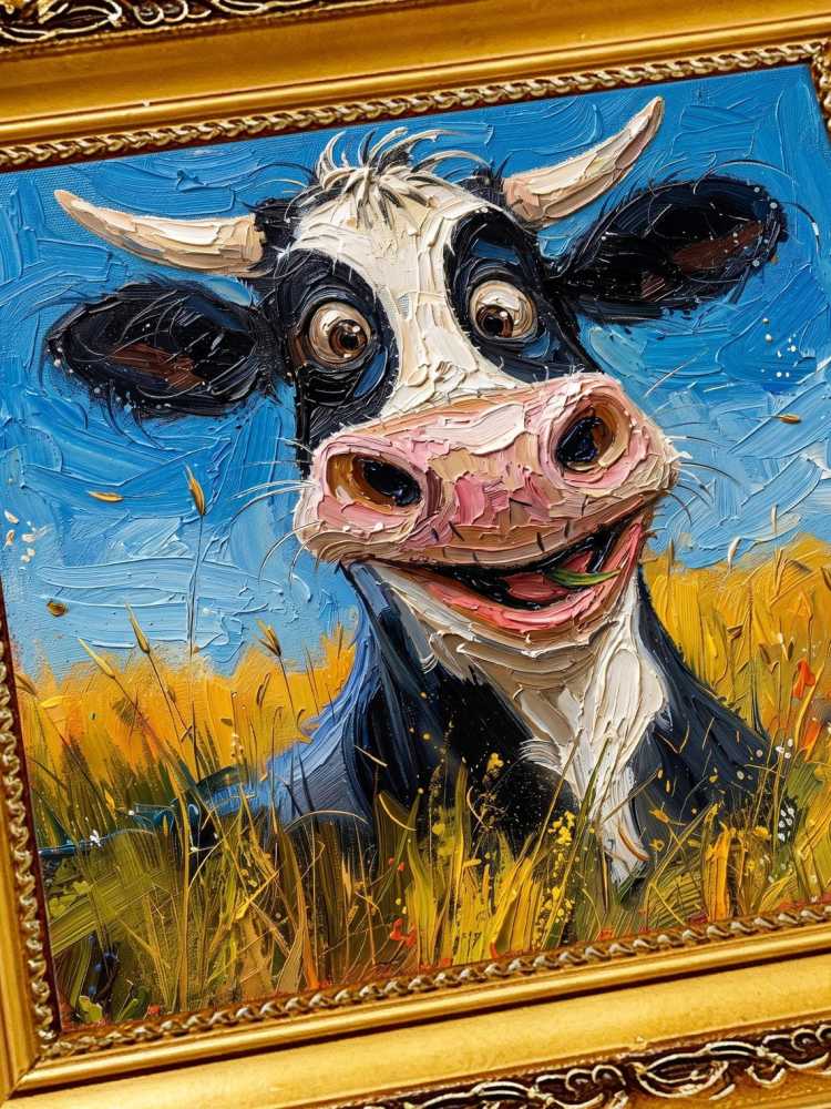 Oil Painting Cow Portrait Framed Happy Smiling Cow Retro Solid Wood Frame Mini Desk Wall Decor Animal Lover Gift