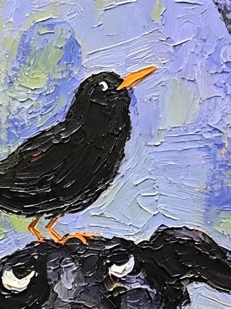 Oil Painting Black Dog Portrait Framed Bird on Head Lavender Field Impasto Solid Wood Gold Frame Mini Desk Wall Decor Gift