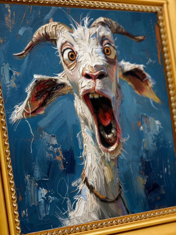 Oil Painting Goat Portrait Framed Shocked Surprised Goat Retro Solid Wood Frame Mini Desk Wall Decor Animal Lover Gift