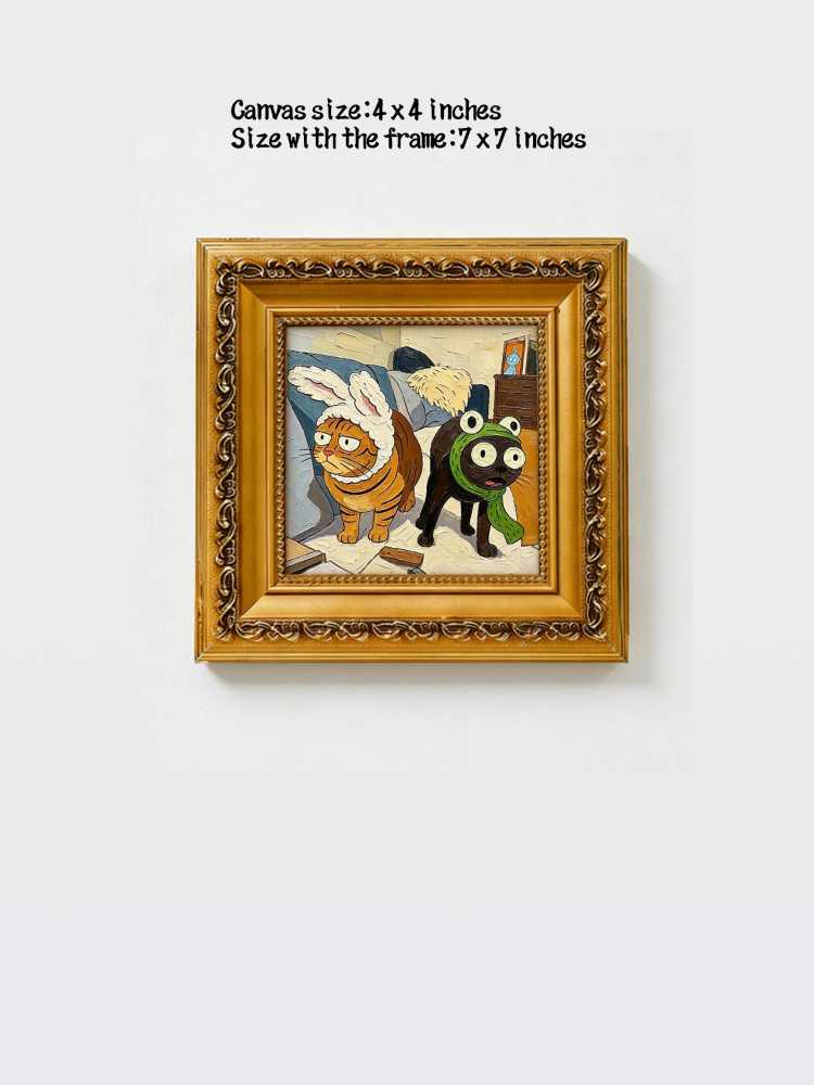 Oil Painting Cat Portrait Framed Funny Bunny &amp; Frog Hat Cats Impasto Solid Wood Frame Mini Desk Wall Decor Animal Lover Gift