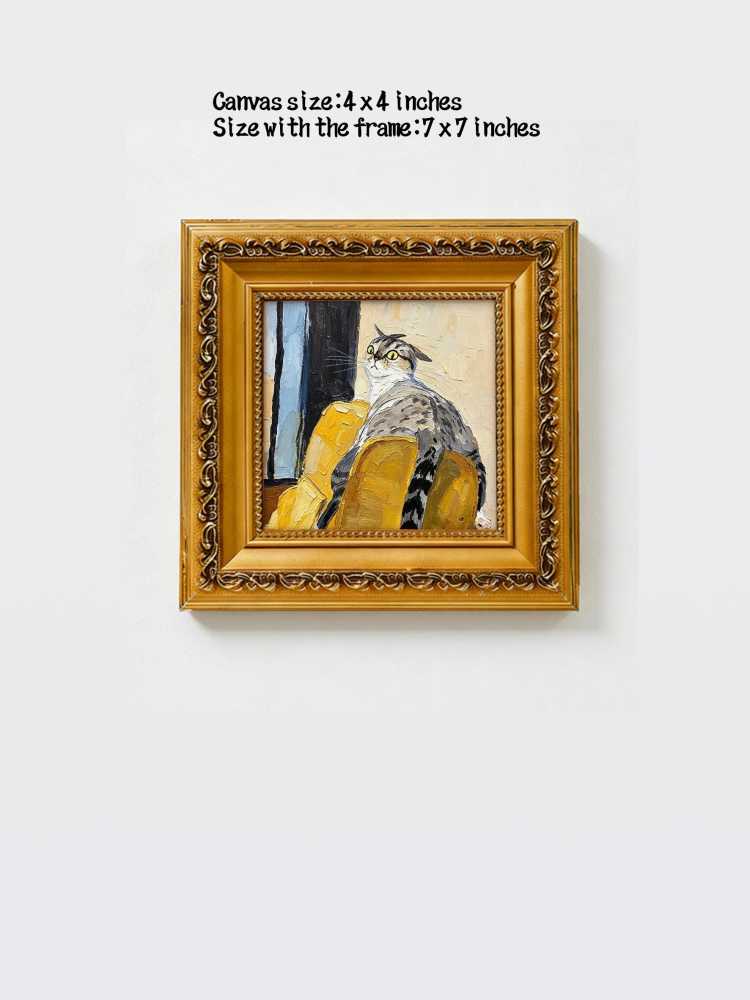 Oil Painting Tabby Cat Portrait Framed Curious Cat on Yellow Chair Impasto Solid Wood Frame Mini Desk Wall Decor Gift