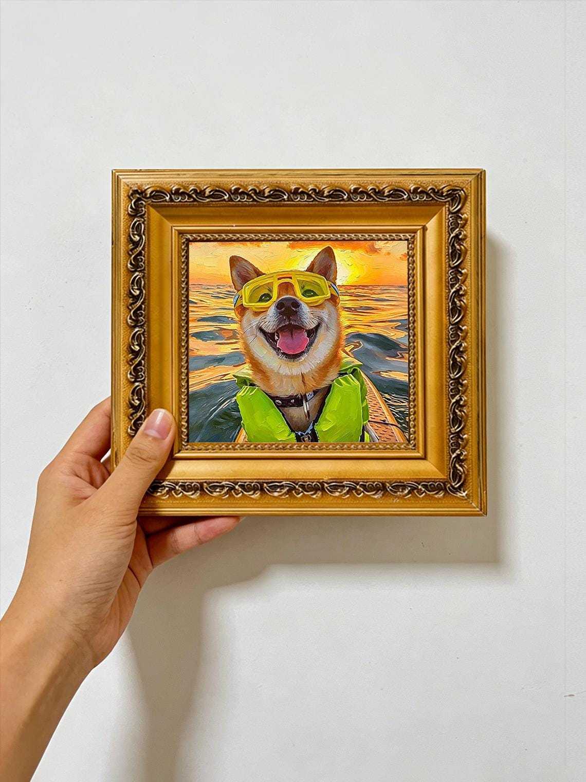 Happy Shiba Inu Dog Yellow Swim Goggles Life Jacket Sunset Ocean Oil Painting Summer Surf Wall Print