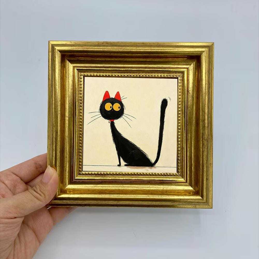 Oil Painting Cat Portrait Framed Milo Sunglasses Jacket Retro Solid Wood Frame Mini Desk Wall Decor Animal Lover Gift