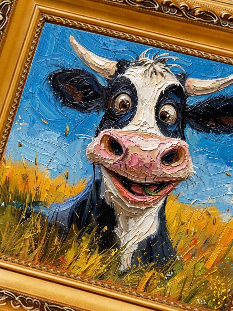 Oil Painting Cow Portrait Framed Happy Smiling Cow Retro Solid Wood Frame Mini Desk Wall Decor Animal Lover Gift