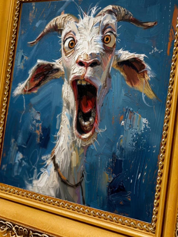 Oil Painting Goat Portrait Framed Shocked Surprised Goat Retro Solid Wood Frame Mini Desk Wall Decor Animal Lover Gift