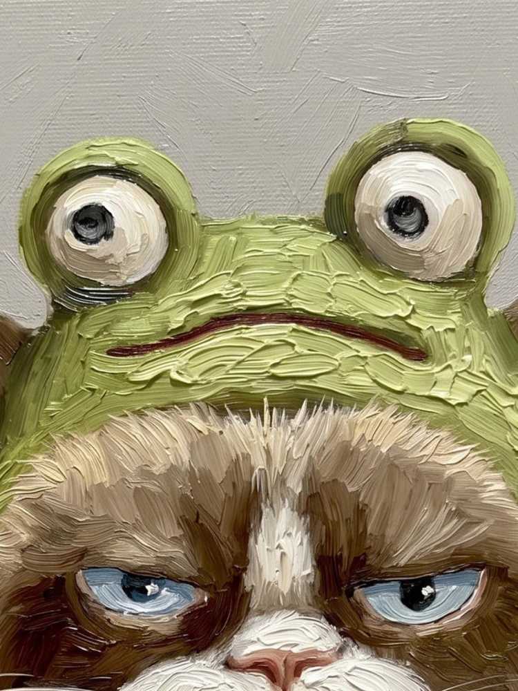Oil Painting Cat Portrait Framed Grumpy Frog Hat Cat Retro Solid Wood Frame Mini Desk Wall Decor Animal Lover Gift