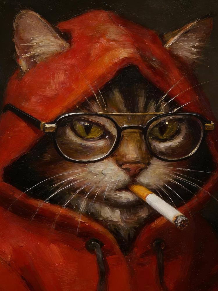 Original Hand Painted Smoking Cat Oil Painting, Gold Framed Art, Cool Cat Lover Gift, Whimsical Wall Decor