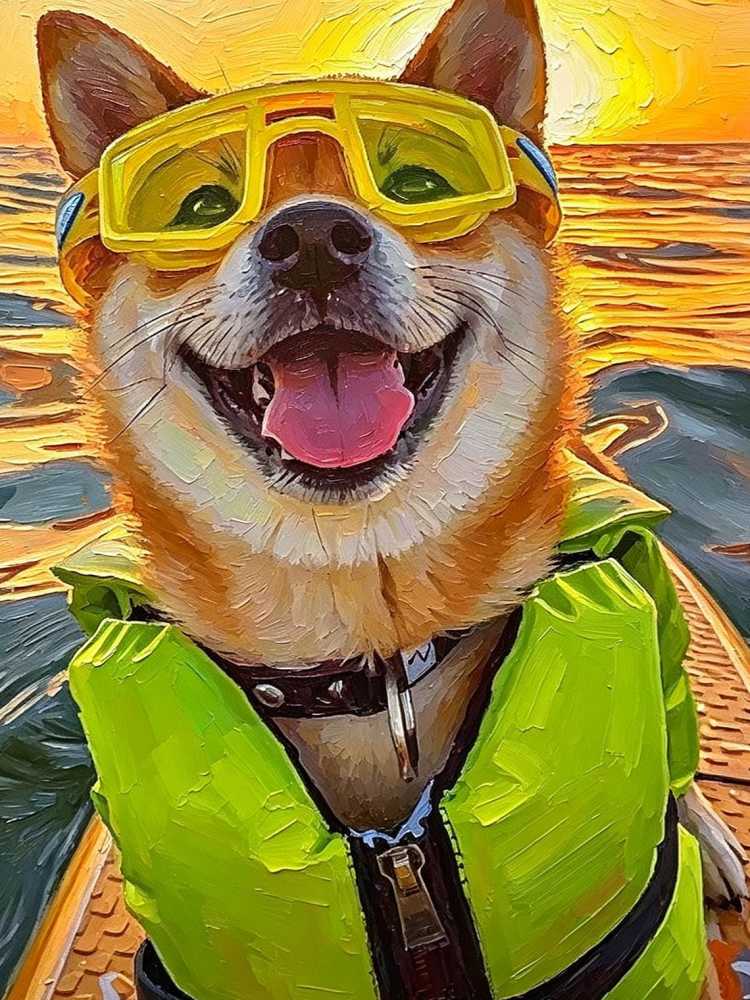 Happy Shiba Inu Dog Yellow Swim Goggles Life Jacket Sunset Ocean Oil Painting Summer Surf Wall Print