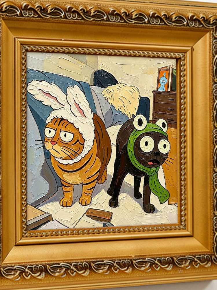 Oil Painting Cat Portrait Framed Funny Bunny &amp; Frog Hat Cats Impasto Solid Wood Frame Mini Desk Wall Decor Animal Lover Gift