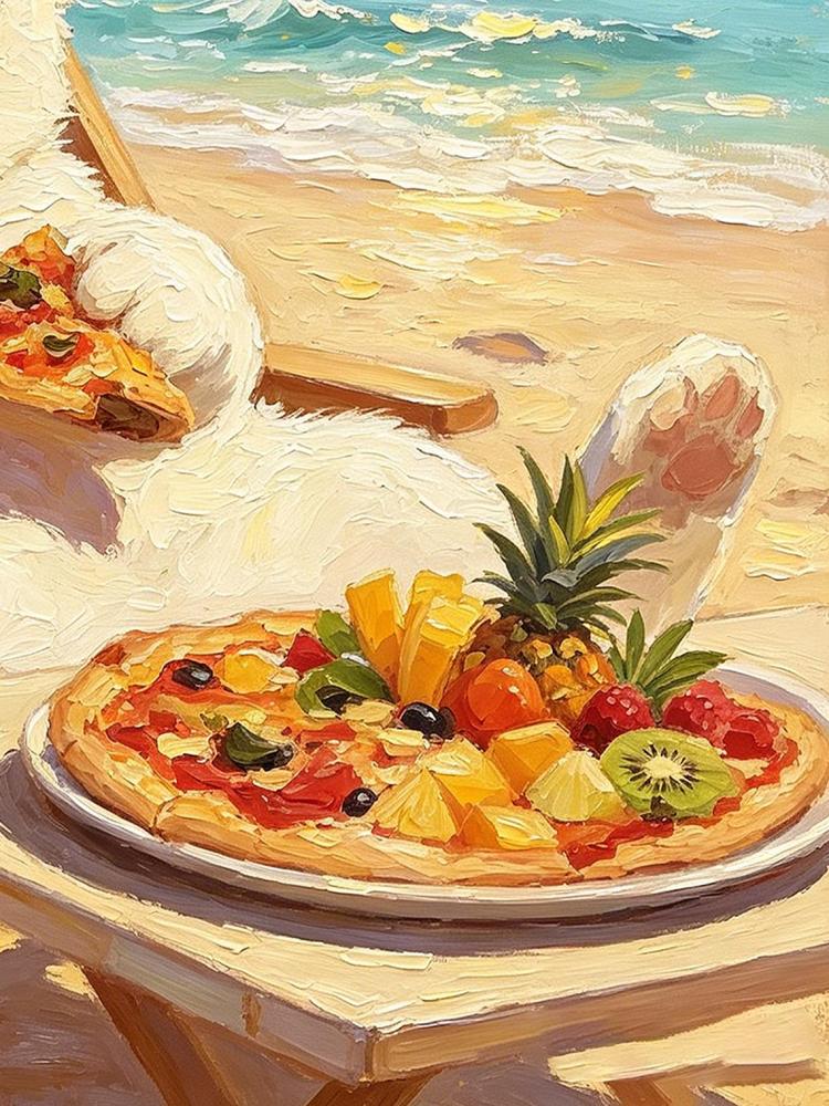 Chubby White Cat Sunglasses Beach Chair Pizza Coconut Tropical Ocean Oil Painting Funny Summer Wall Print