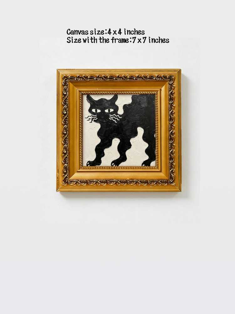 Impasto Black Cat Painting Framed Minimalist Wavy Whiskers Retro Solid Wood Gold Frame Mini Desk Wall Decor Gift