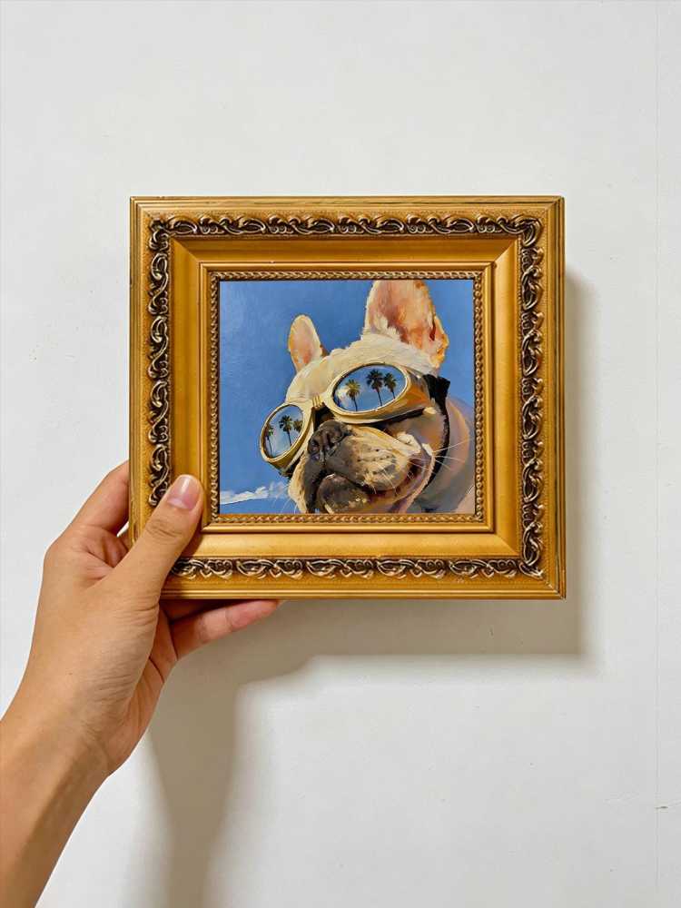 Hand-painted Oil Painting, Original Impasto Art, Framed Wall Decor, Cool French Bulldog in Gold Sunglasses