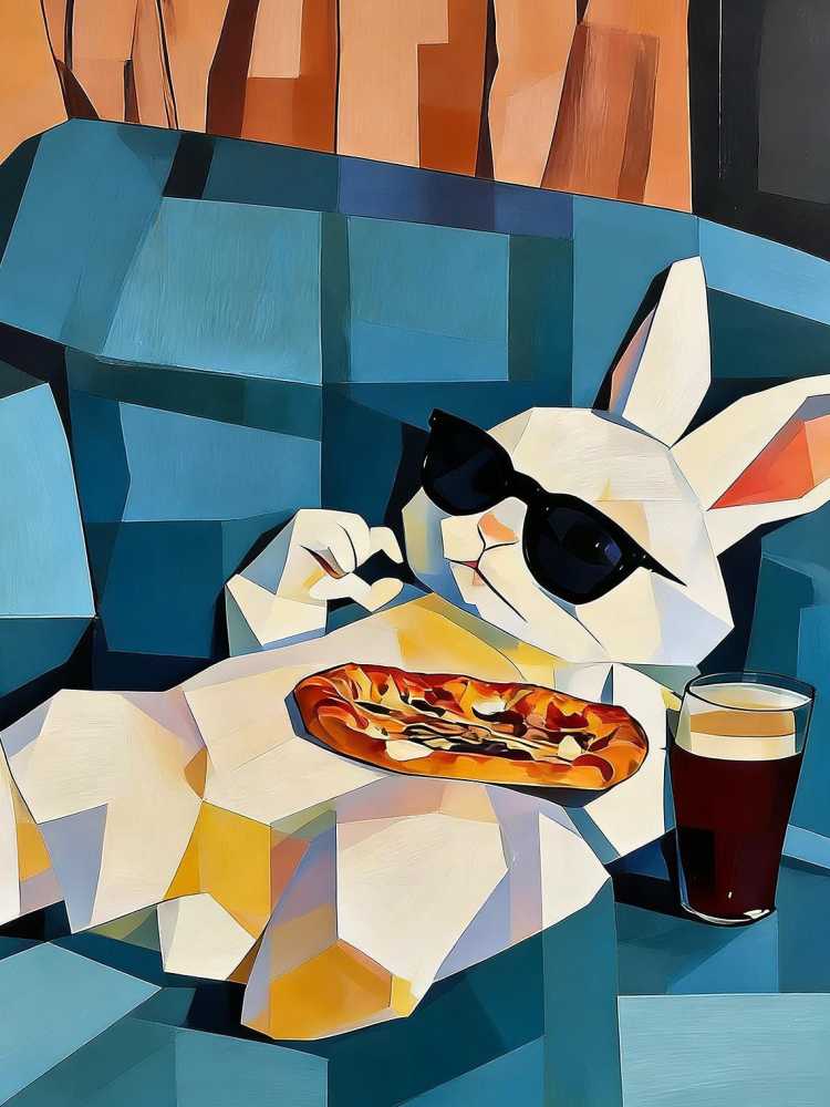 Hand-painted Oil Painting, Cubist Rabbit Art, Framed Wall Decor, Cool Bunny with Sunglasses &amp; Pizza
