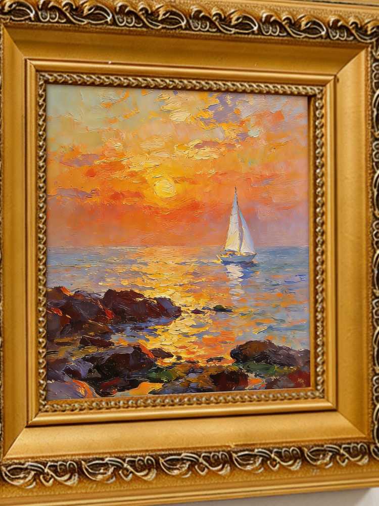Original Hand-Painted Sailboat Sunset Oil Painting, Framed Coastal Wall Art