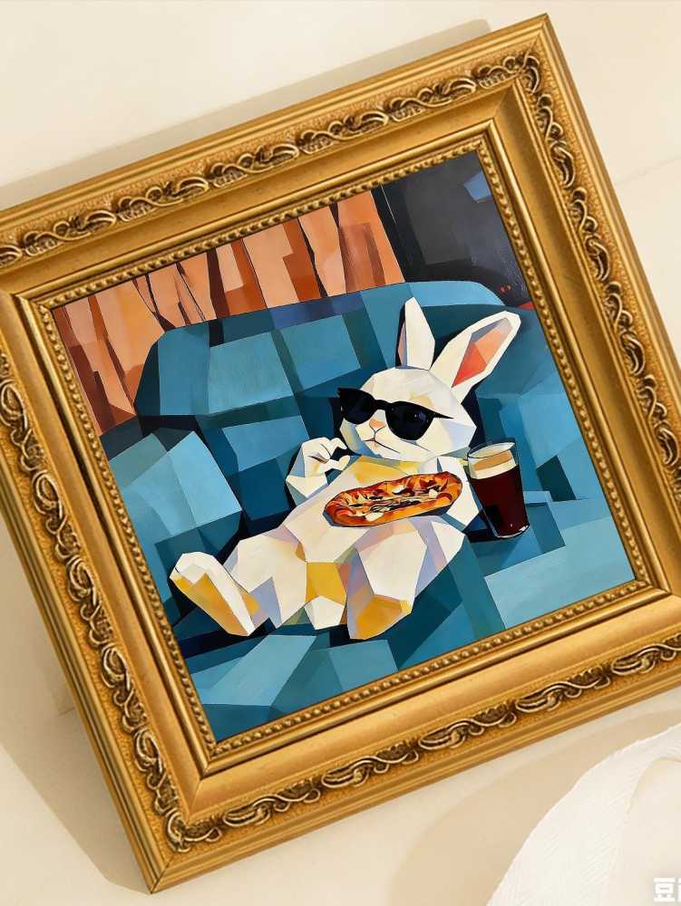 Hand-painted Oil Painting, Cubist Rabbit Art, Framed Wall Decor, Cool Bunny with Sunglasses &amp; Pizza