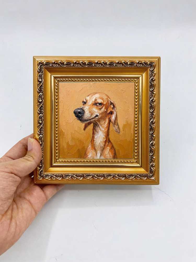 Oil Painting Dog Portrait Framed Realistic Hound Retro Solid Wood Frame Mini Desk Wall Decor Animal Lover Gift