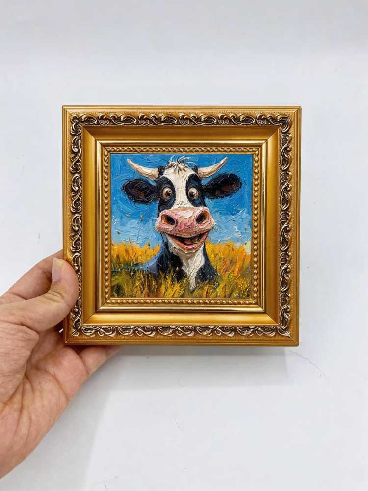 Oil Painting Cow Portrait Framed Happy Smiling Cow Retro Solid Wood Frame Mini Desk Wall Decor Animal Lover Gift