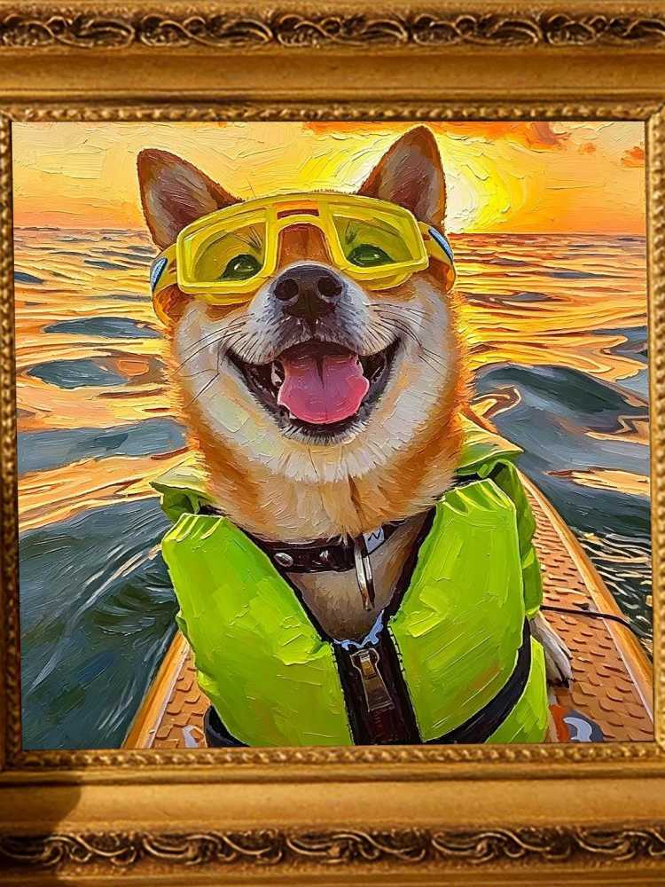 Happy Shiba Inu Dog Yellow Swim Goggles Life Jacket Sunset Ocean Oil Painting Summer Surf Wall Print
