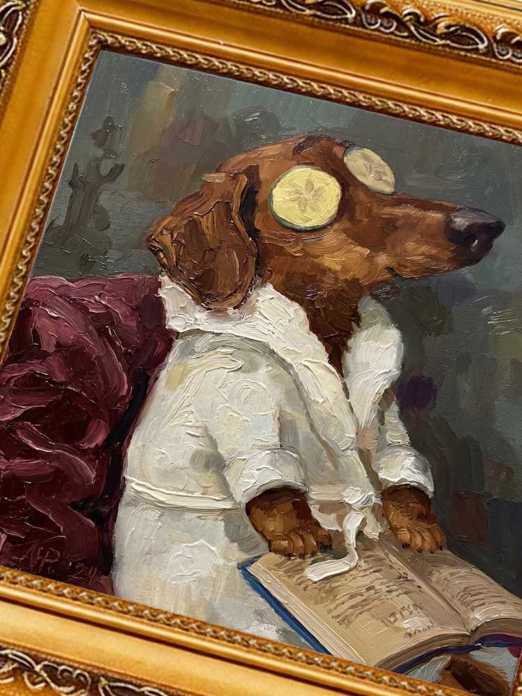 Oil Painting Dog Portrait Framed Spa Dachshund Cucumber Robe Reading Book Retro Solid Wood Frame Mini Desk Wall Decor Gift