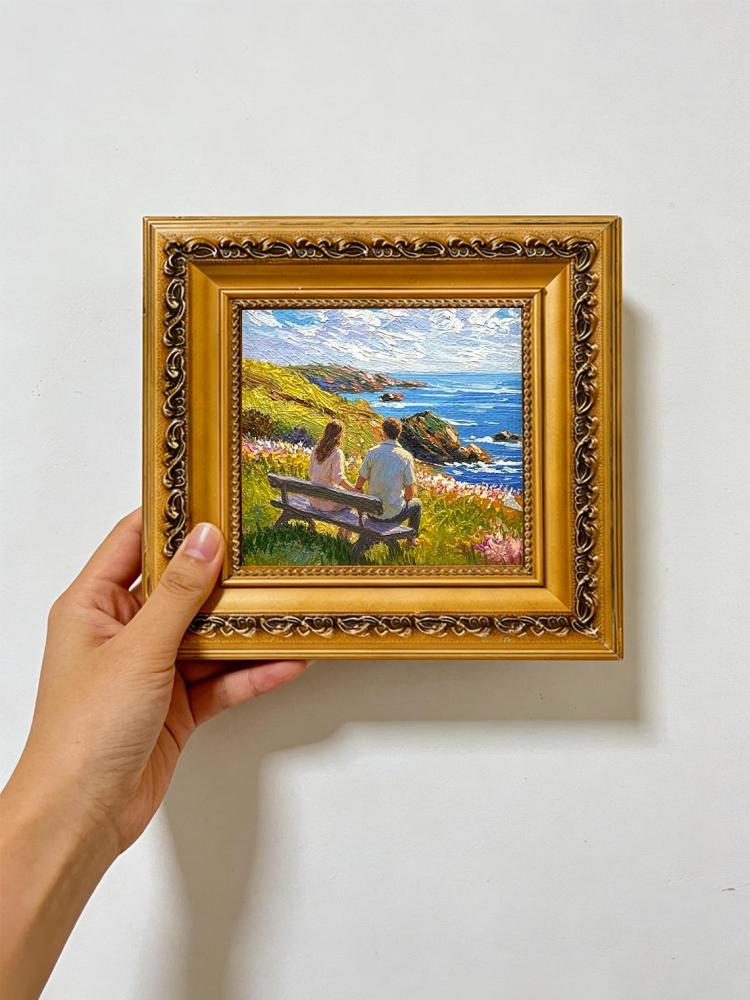 Couple on Bench Coastal Wildflower Cliff Ocean Impressionist Oil Painting Print Romantic Seascape Wall Art