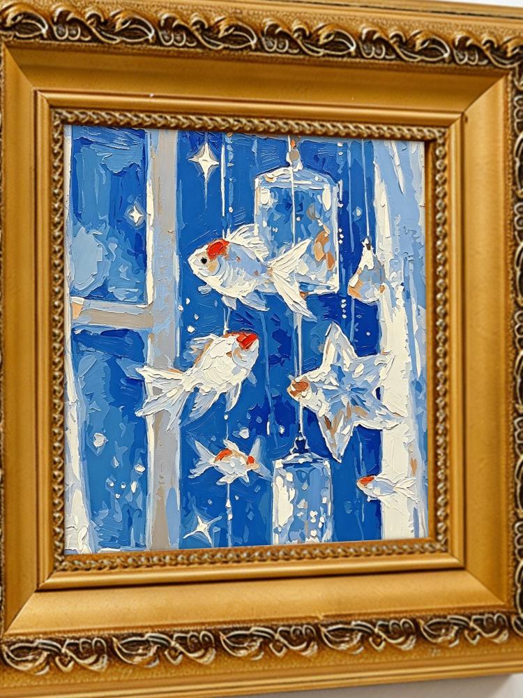 Impasto Goldfish Oil Painting Starry Ocean Scene Framed Solid Wood Ornate Gold Frame Mini Desk Wall Decor Unique Gift