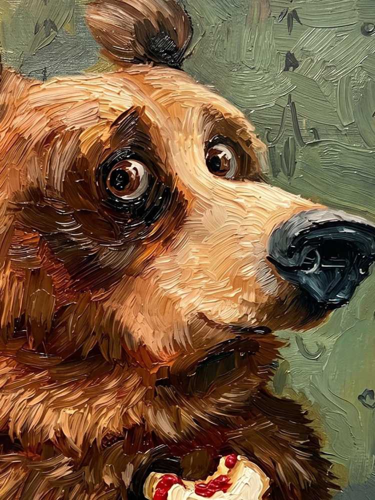 Oil Painting Bear Portrait Framed Cake Eating Bear Retro Solid Wood Frame Mini Desk Wall Decor Animal Lover Gift