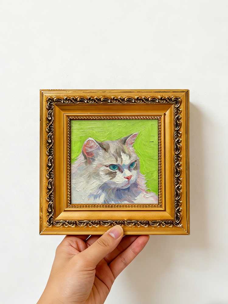 Impasto Cat Oil Painting Framed Blue-Eyed Tabby Cat Portrait Retro Solid Wood Gold Frame Mini Desk Wall Decor Animal Lover Gift