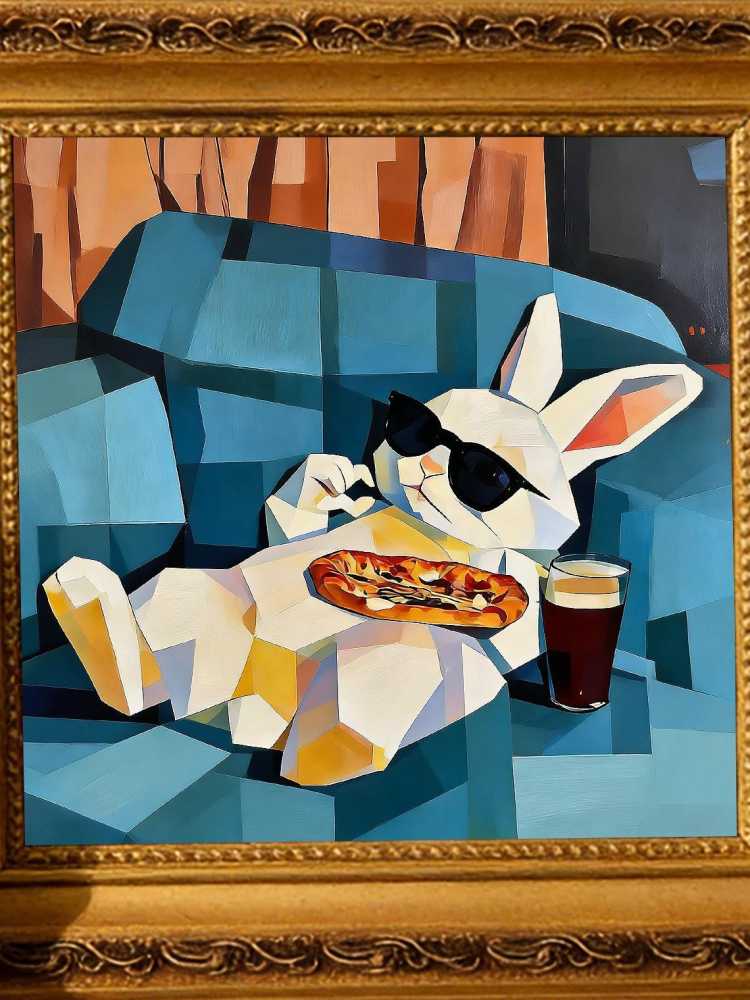 Hand-painted Oil Painting, Cubist Rabbit Art, Framed Wall Decor, Cool Bunny with Sunglasses &amp; Pizza