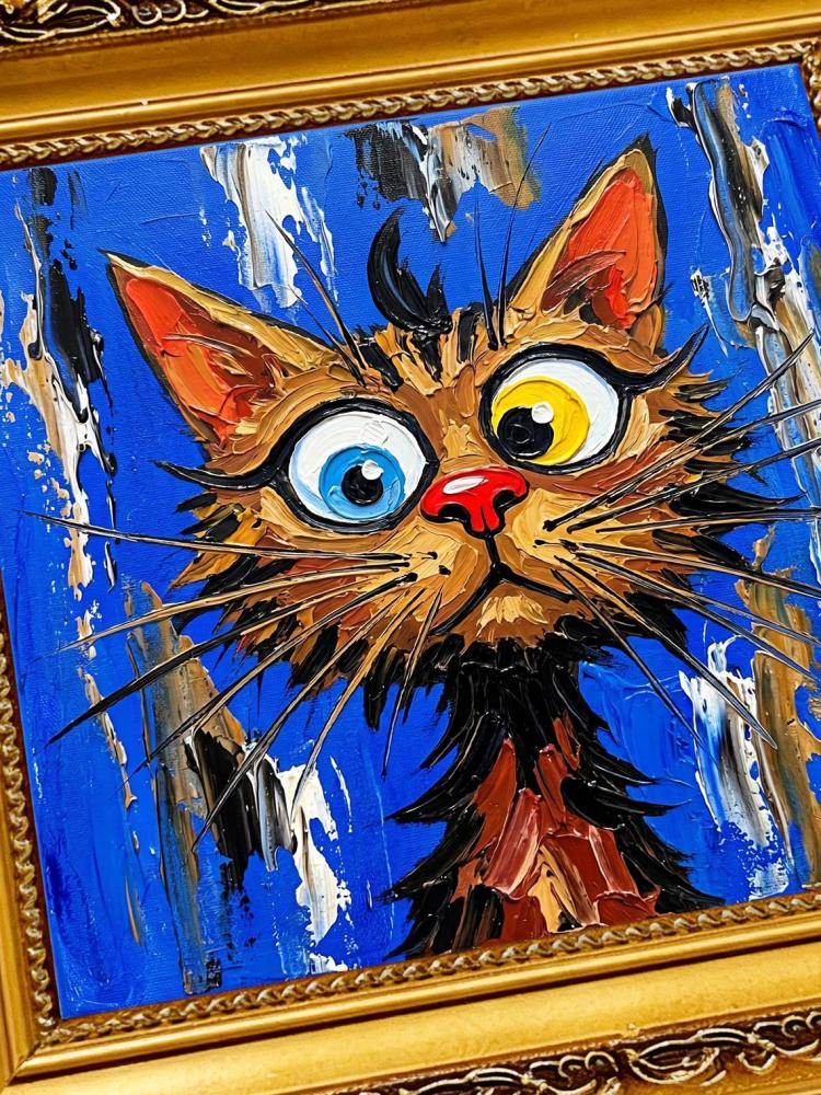 Oil Painting Cat Portrait Framed Big Eyes Heterochromia Retro Solid Wood Frame Mini Desk Wall Decor Animal Lover Gift