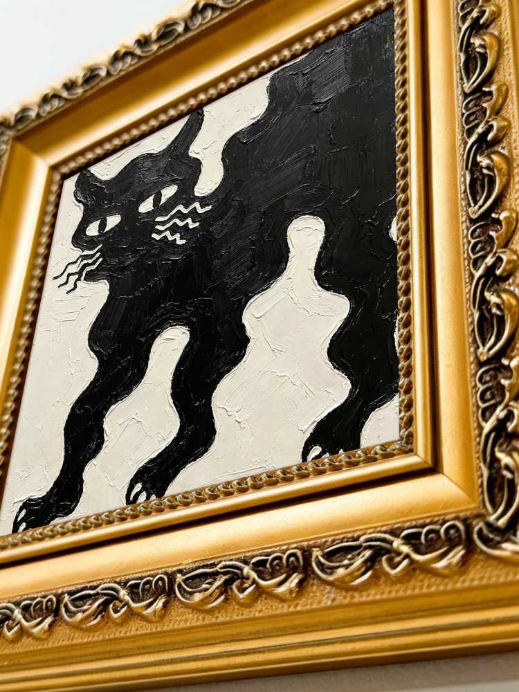 Impasto Black Cat Painting Framed Minimalist Wavy Whiskers Retro Solid Wood Gold Frame Mini Desk Wall Decor Gift