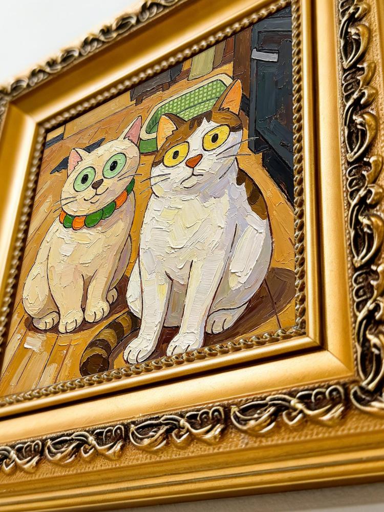 Oil Painting Cat Portrait Framed Two Funny Cats Big Eyes Impasto Solid Wood Frame Mini Desk Wall Decor Animal Lover Gift