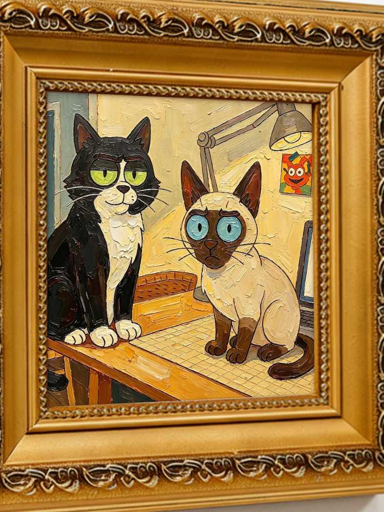Oil Painting Animal Portrait Framed Whimsical Retro Solid Wood Frame Mini Desk Wall Decor Pet Lover Gift