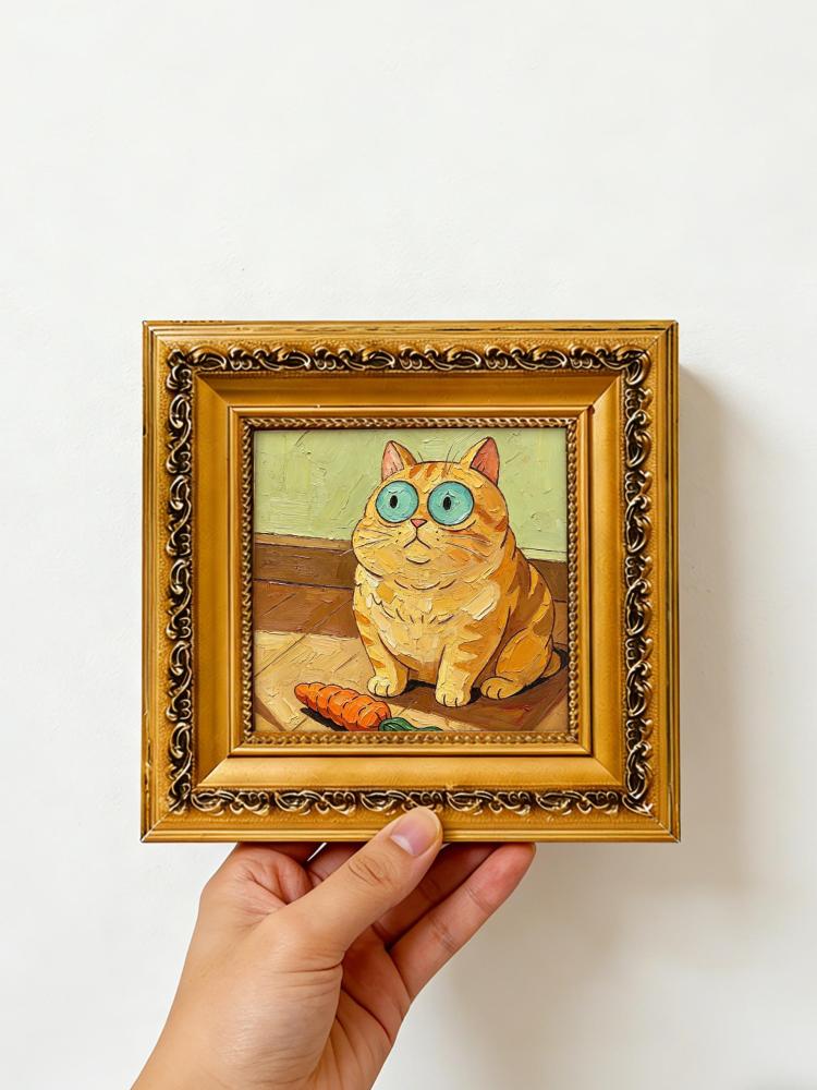 Oil Painting Orange Cat Portrait Framed Chunky Ginger Tabby with Carrot Impasto Solid Wood Frame Mini Desk Wall Decor Gift