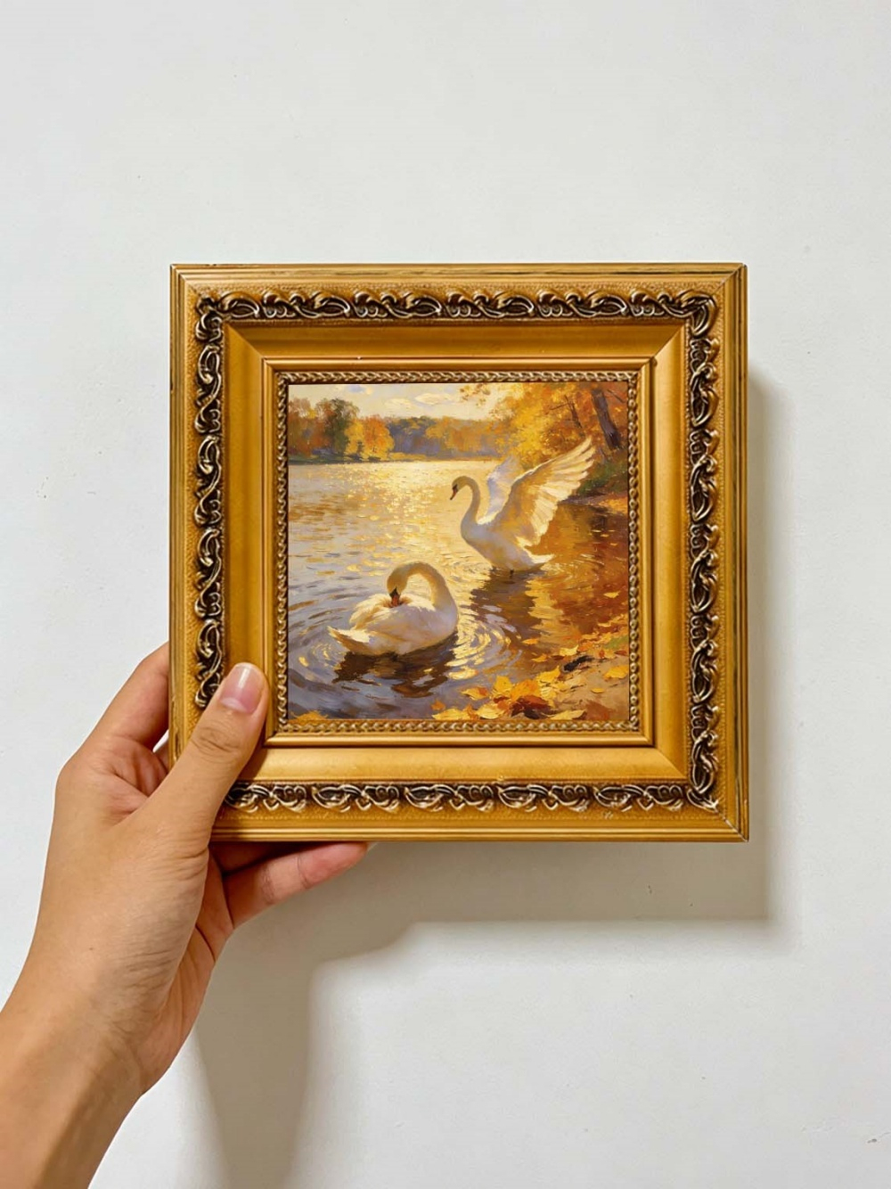 Framed Swan Oil Painting, Autumn Lake Impressionist Wall Art