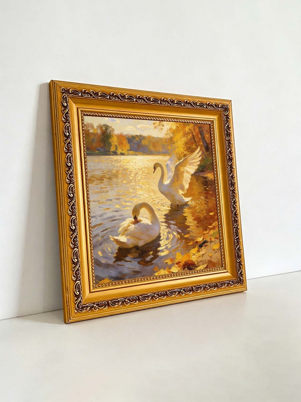 Framed Swan Oil Painting, Autumn Lake Impressionist Wall Art