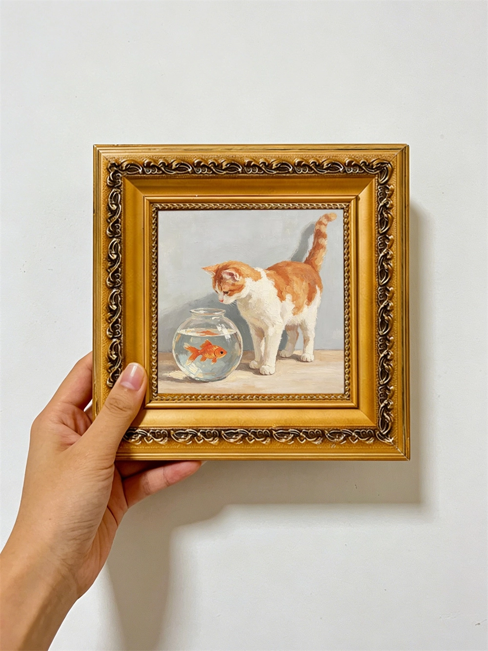 Vintage Gold Framed Orange White Cat & Goldfish Canvas Print 4x4 Inch, Impasto Oil Painting  Wall Art, Cute Cat Lover Home Decor