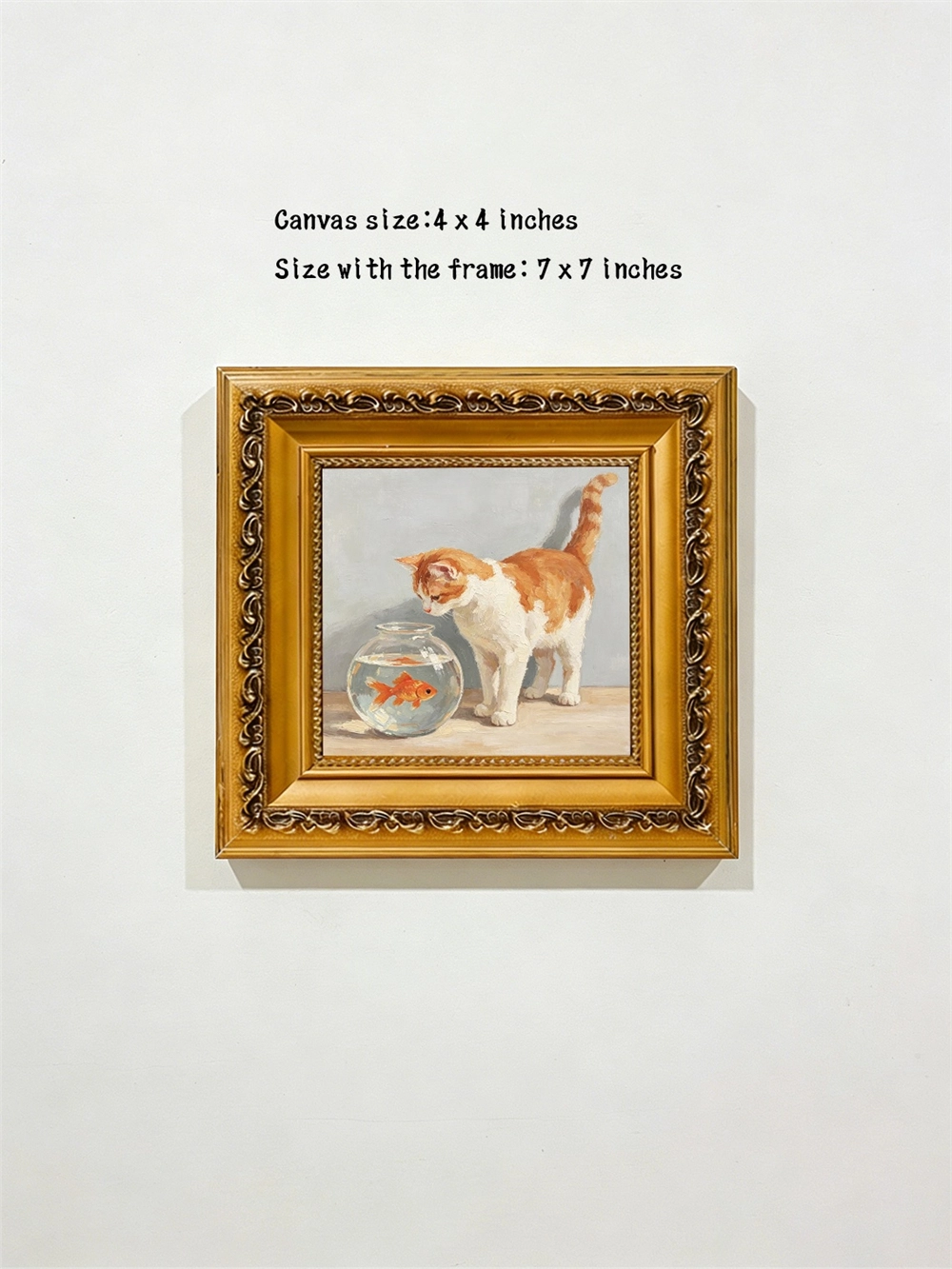 Vintage gold framed orange white cat and goldfish canvas print 4x4 inch impasto oil painting wall art