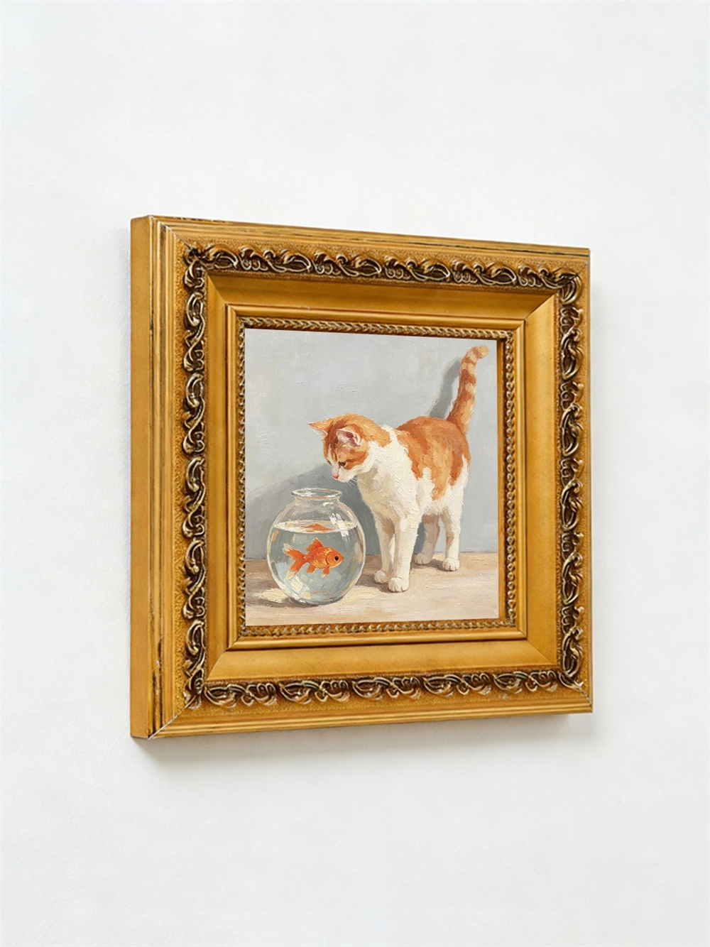 Vintage Gold Framed Orange White Cat & Goldfish Canvas Print 4x4 Inch, Impasto Oil Painting  Wall Art, Cute Cat Lover Home Decor