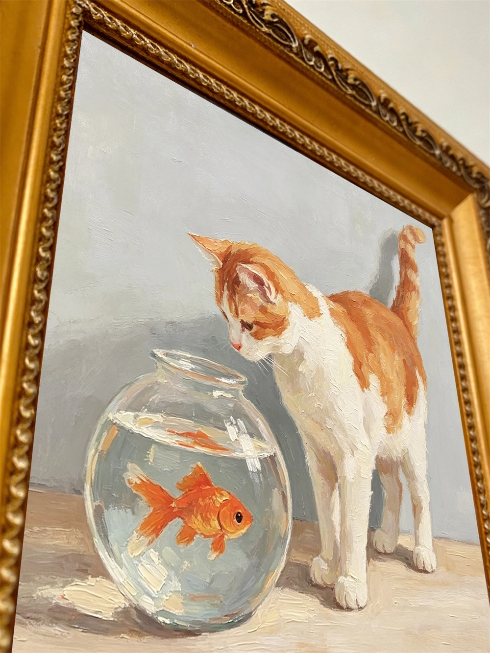 Gold framed miniature cat painting photographed to show its compact shelf footprint