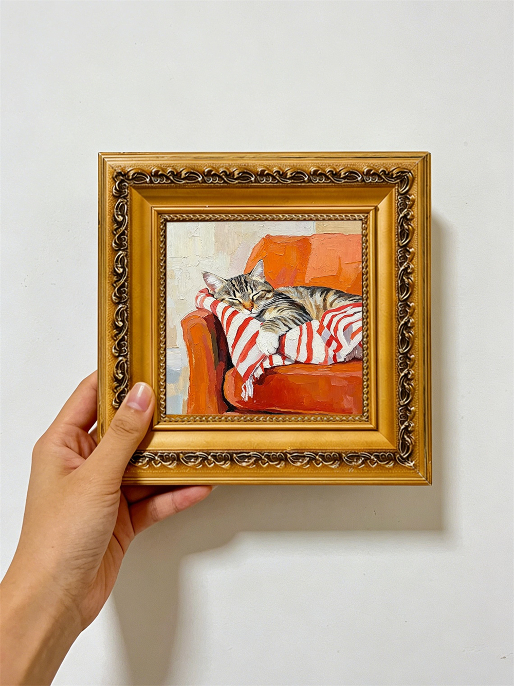 Sleeping Tabby Cat Orange Armchair Striped Blanket Impasto Oil Painting, Ornate Carved Gold Framed Small Square Wall Art,  Canvas Decor