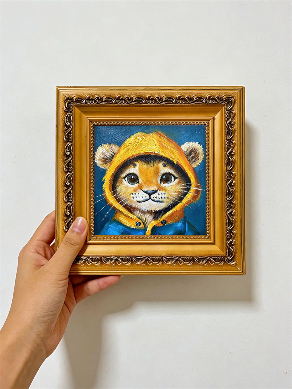 Cute Baby Lion Cub Yellow Hoodie Mini Framed Oil Painting, Deep Blue Background Antique Gold Frame Kids Nursery Desk Decor Gift