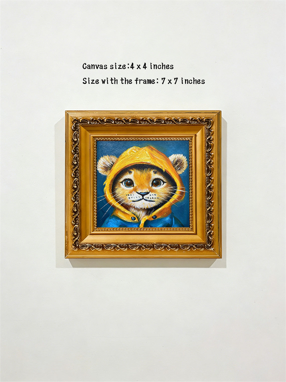 Cute Baby Lion Cub Yellow Hoodie Mini Framed Oil Painting, Deep Blue Background Antique Gold Frame Kids Nursery Desk Decor Gift