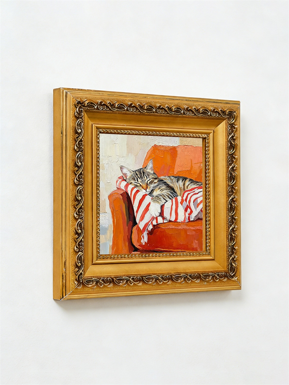 Sleeping Tabby Cat Orange Armchair Striped Blanket Impasto Oil Painting, Ornate Carved Gold Framed Small Square Wall Art,  Canvas Decor