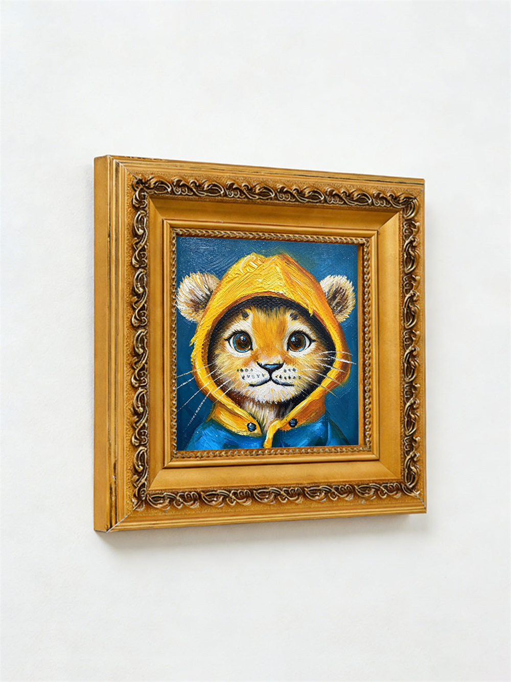 Cute Baby Lion Cub Yellow Hoodie Mini Framed Oil Painting, Deep Blue Background Antique Gold Frame Kids Nursery Desk Decor Gift