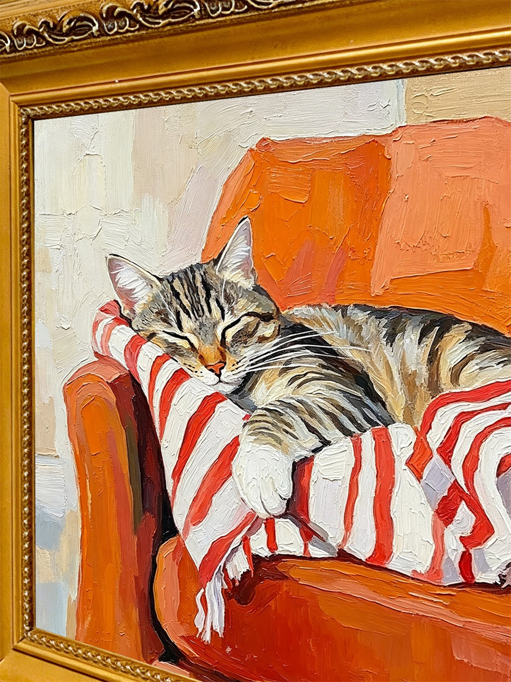 Sleeping Tabby Cat Orange Armchair Striped Blanket Impasto Oil Painting, Ornate Carved Gold Framed Small Square Wall Art,  Canvas Decor