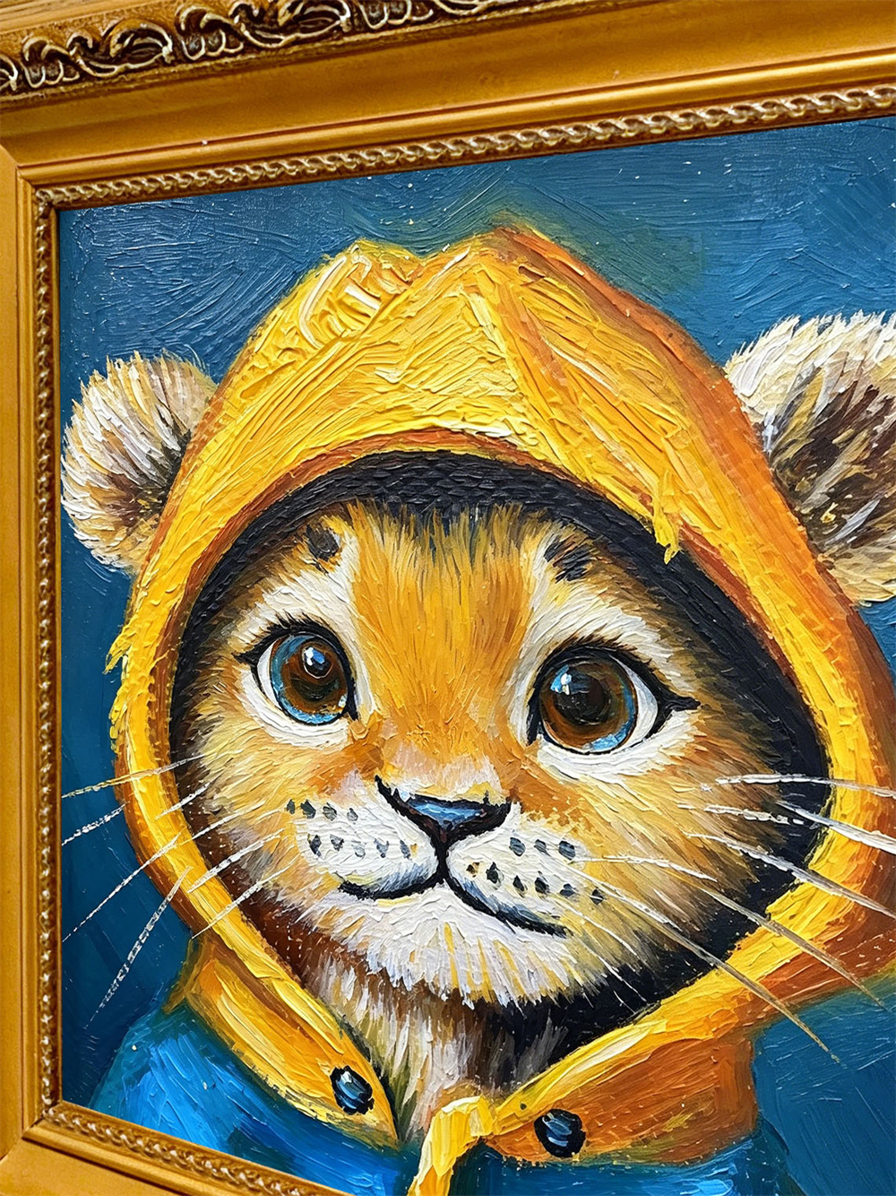 Cute Baby Lion Cub Yellow Hoodie Mini Framed Oil Painting, Deep Blue Background Antique Gold Frame Kids Nursery Desk Decor Gift