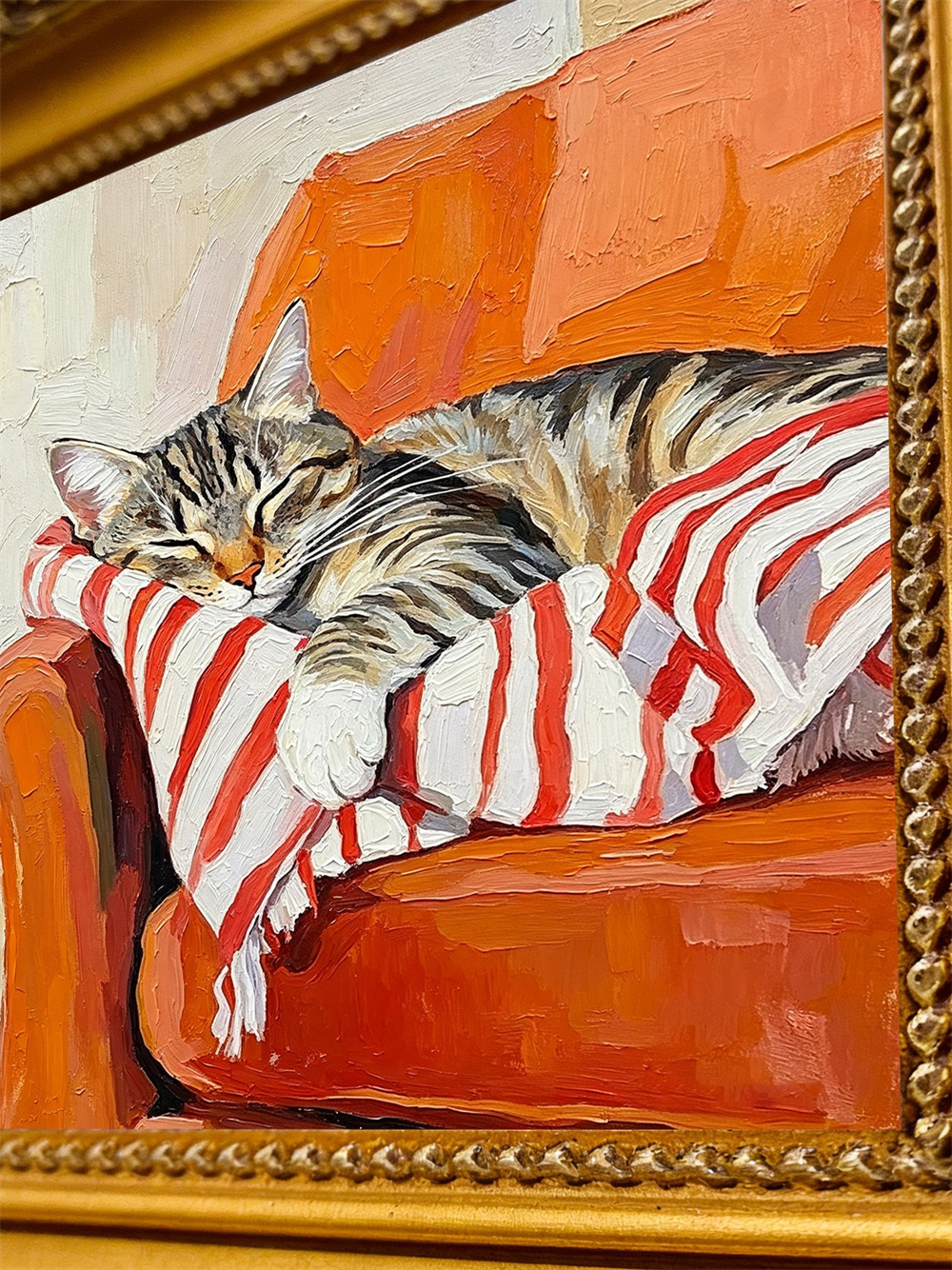 Sleeping Tabby Cat Orange Armchair Striped Blanket Impasto Oil Painting, Ornate Carved Gold Framed Small Square Wall Art,  Canvas Decor